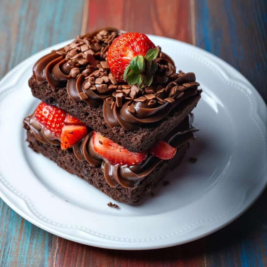 Biszkopt czekoladowy z kremem czekoladowym i truskawkami