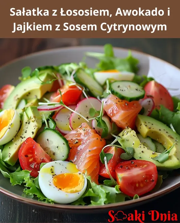 Sałatka z łososiem, awokado i jajkiem na twardo z sosem cytrynowym
