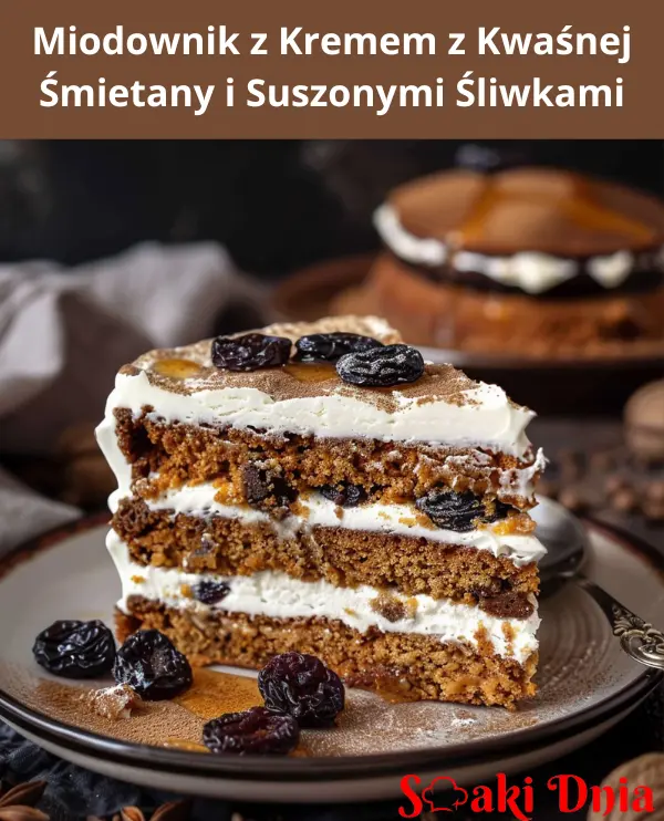 Miodownik z Kremem z Kwaśnej Śmietany i Suszonymi Śliwkami