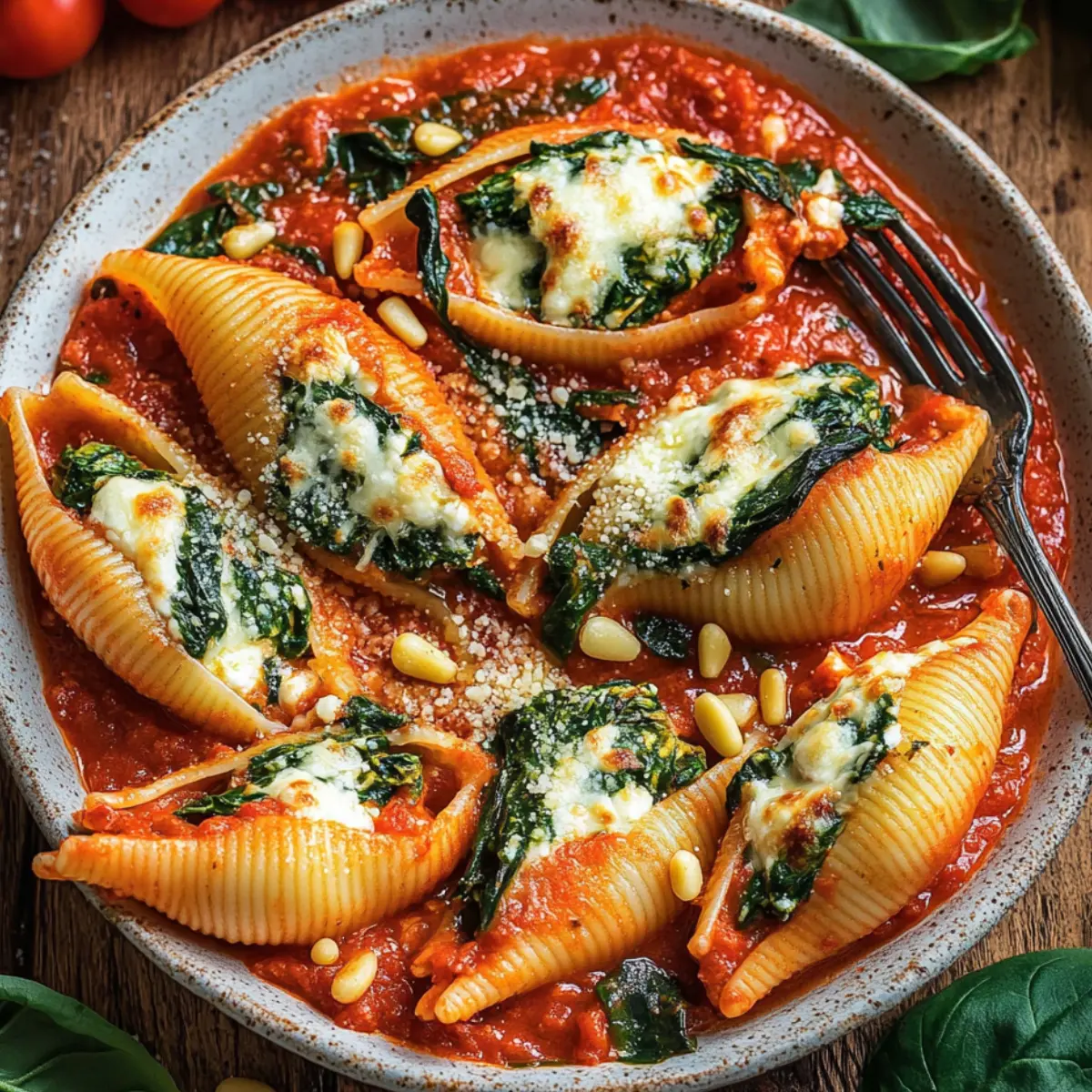 Nadziewane Muszle z Ricottą i Szpinakiem w Sosie Pomidorowym