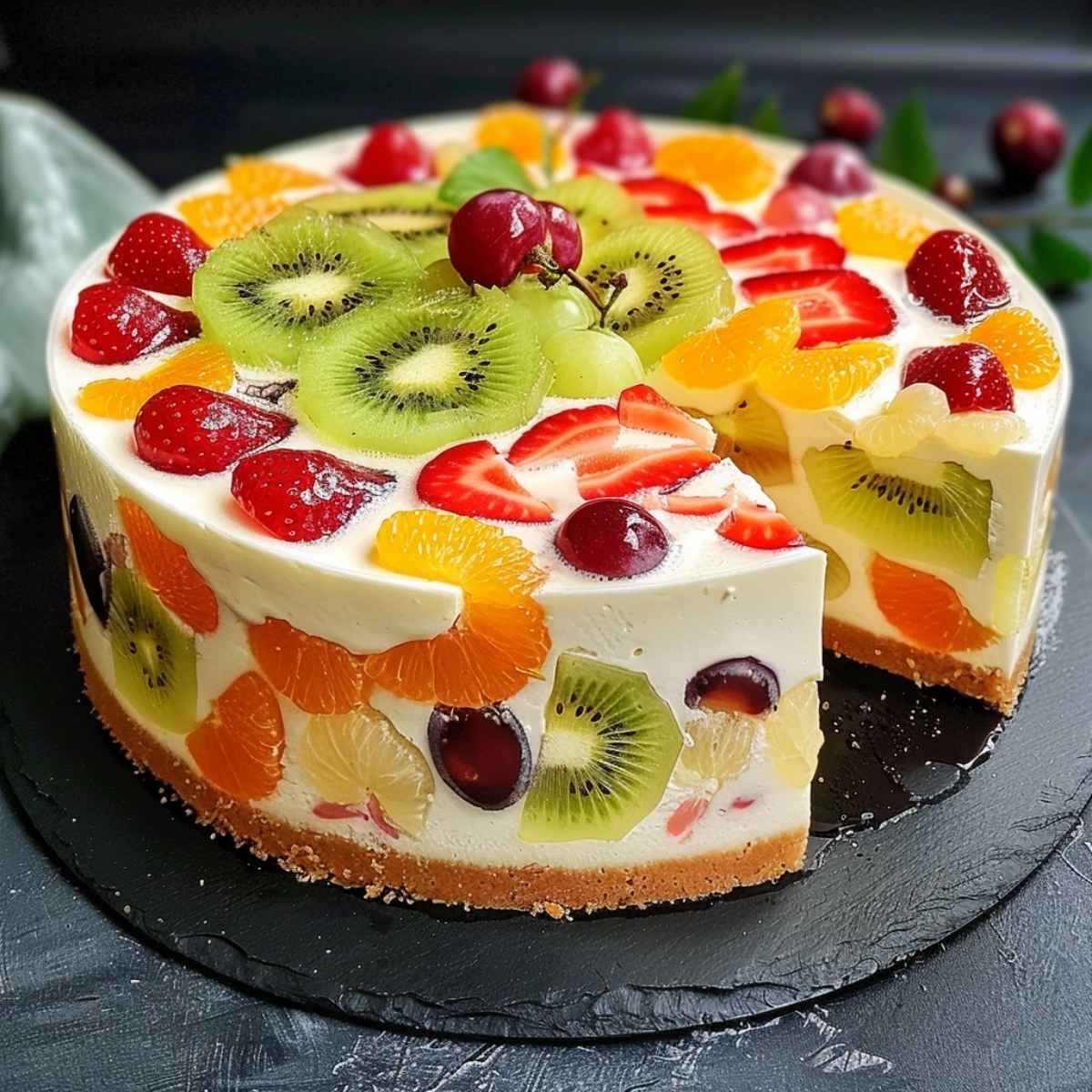 sernik na zimno z galaretką i owocami