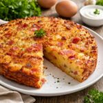 Babka ziemniaczana z boczkiem z chrupiącą skórką podana na talerzu