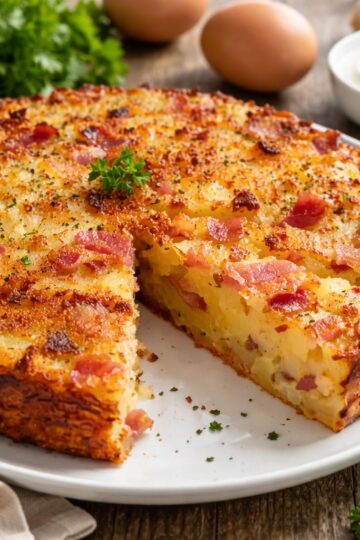 Babka ziemniaczana z boczkiem z chrupiącą skórką podana na talerzu