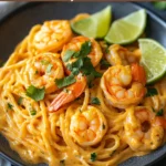 Makaron z Kremowym Sosem Orzechowym i Krewetkami