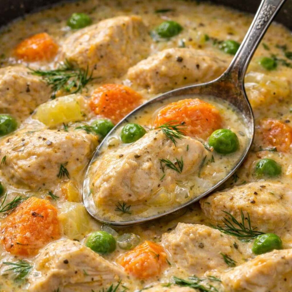 Przepisy na Każdą Okazję – Sprawdzone Domowe Przepisy 33 Zbliżenie kremowego sosu potrawki z kurczaka z warzywami