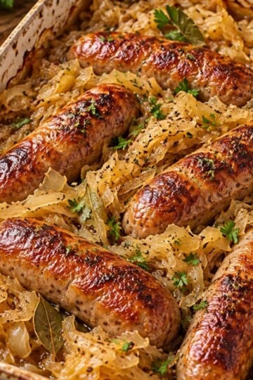 Kiełbasa duszona z kapustą kiszoną na patelni