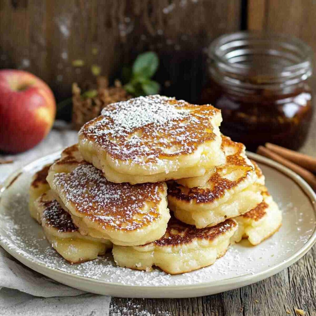 Puszyste racuchy z jabłkami posypane cukrem pudrem, podane na talerzu – tradycyjny polski przepis krok po kroku