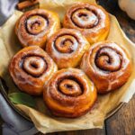 Puszyste cynamonki, domowe bułeczki cynamonowe z lukrem, świeżo upieczone na blasze