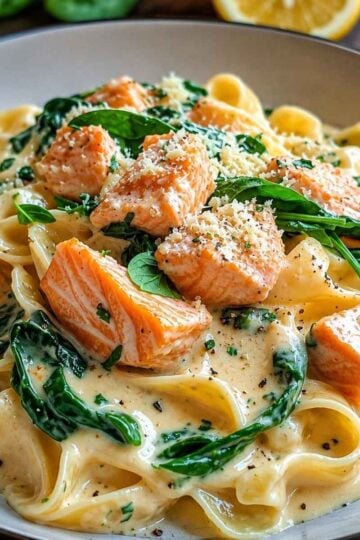 Makaron z łososiem i szpinakiem w kremowym sosie z parmezanem
