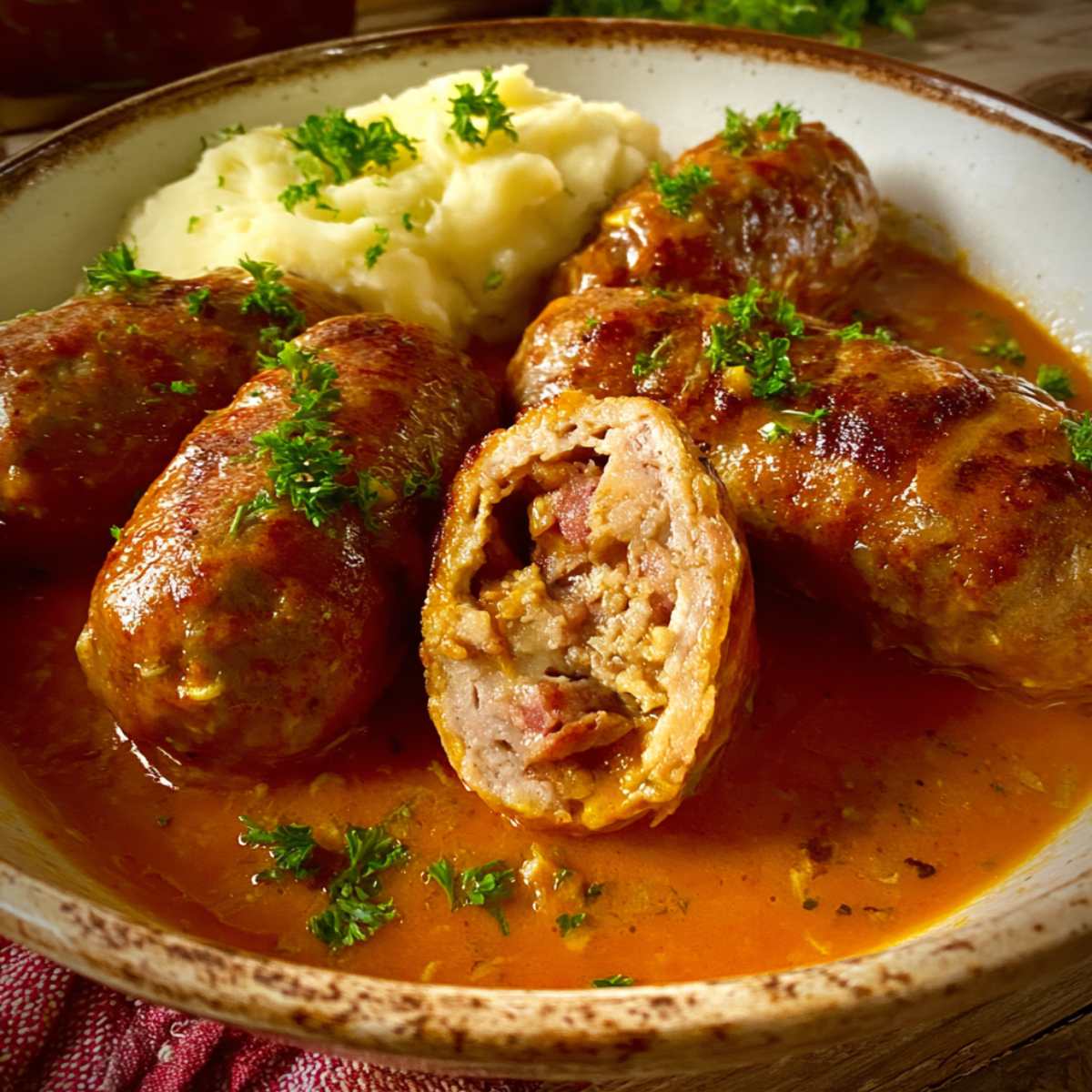 Zrazy z mięsa mielonego w sosie, podane z ziemniakami i buraczkami