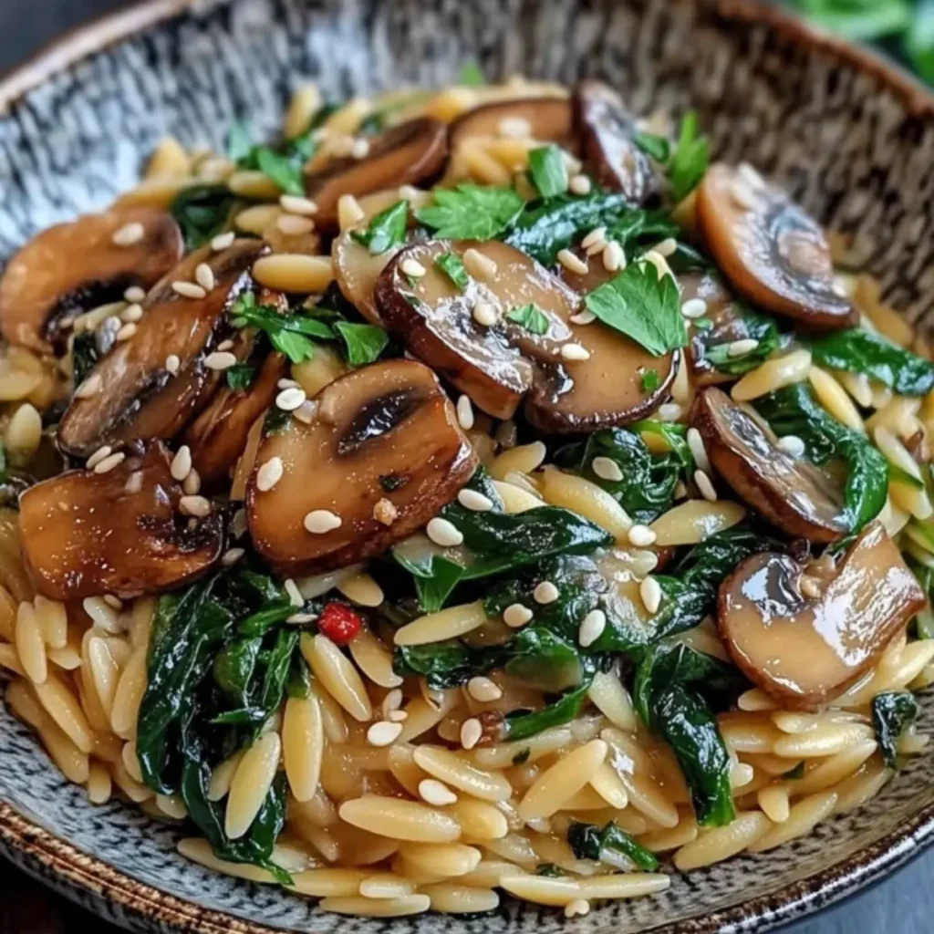 Orzo z Czosnkiem, Pieczarkami i Szpinakiem