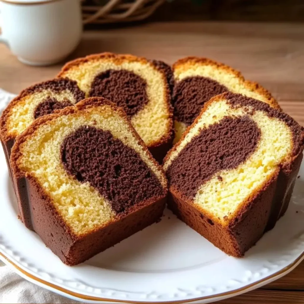 Marmurkowa babka o jasnym i kakaowym wzorze, puszysta i wilgotna, podana na talerzu – klasyczne domowe ciasto idealne na święta i rodzinne