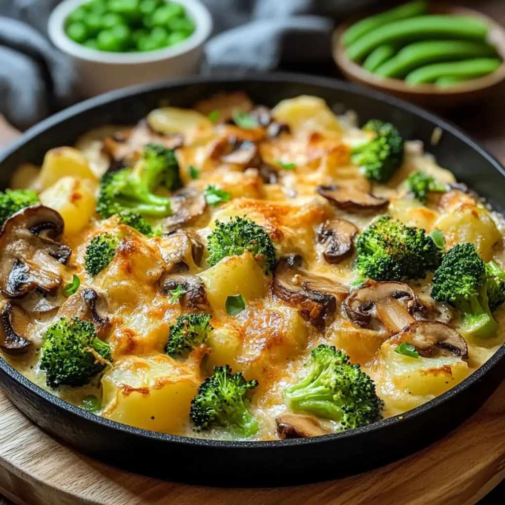 Ziemniaki Zapiekane z Brokułami i Pieczarkami w Kremowym Sosie Serowym