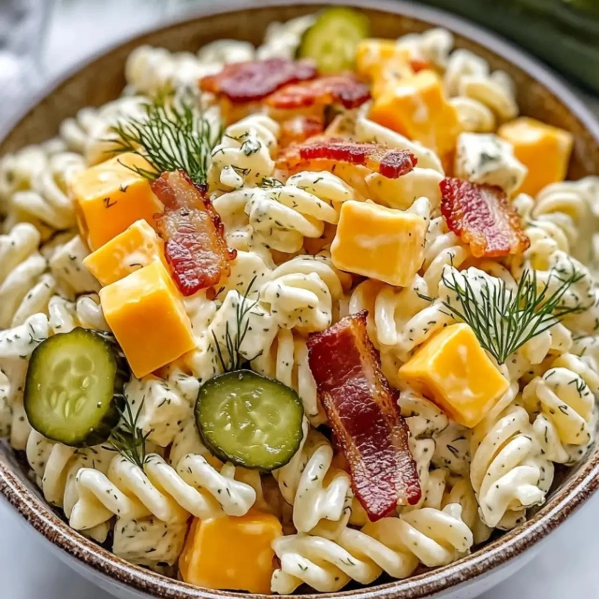 Sałatka makaronowa z boczkiem, ogórkiem i serem