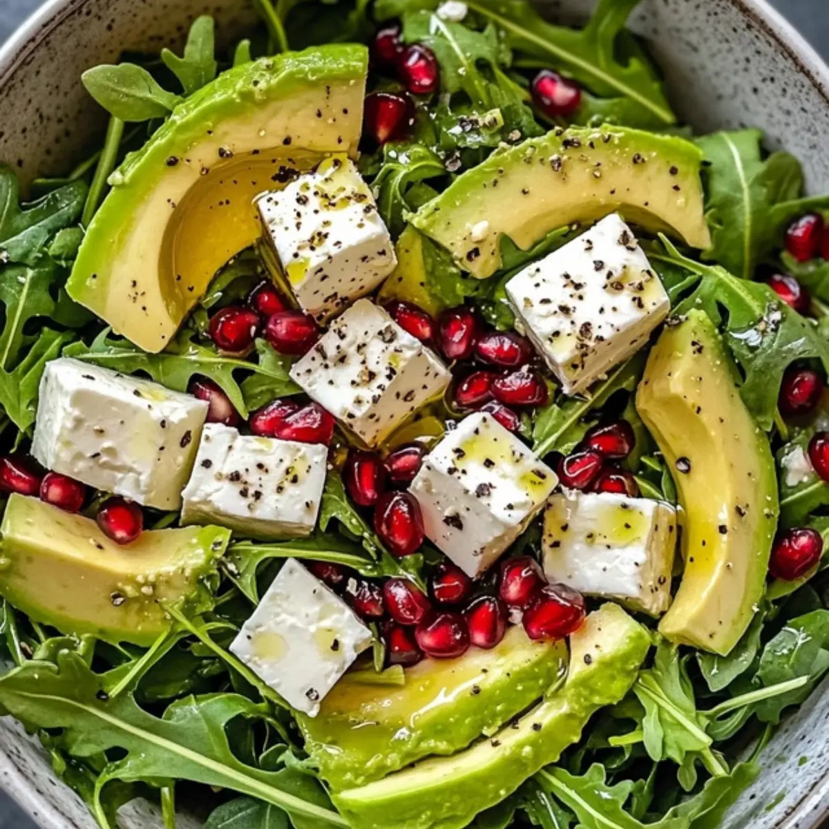Sałatka z rukolą, awokado, serem feta i granatem