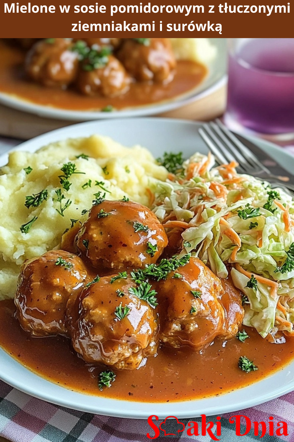 Mielone w sosie pomidorowym z tłuczonymi ziemniakami i surówką