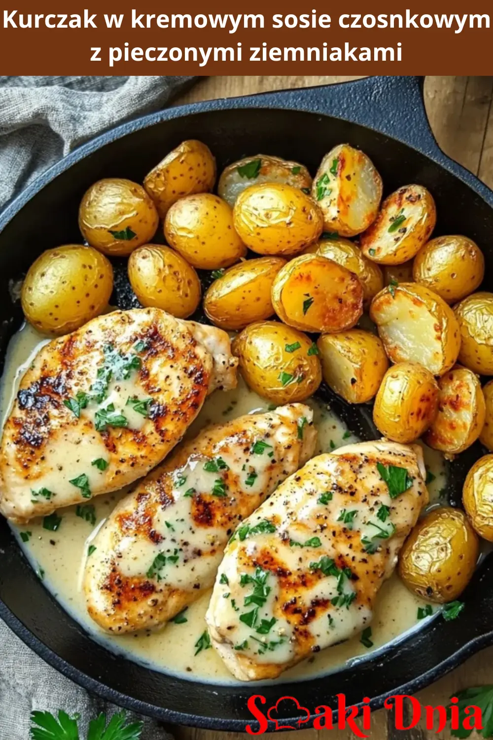 Kurczak w kremowym sosie czosnkowym z pieczonymi ziemniakami