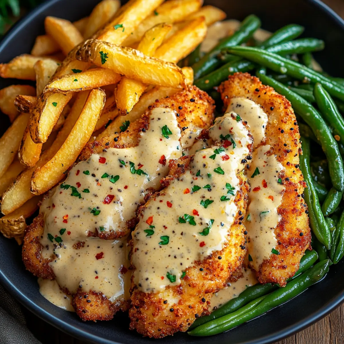 Chrupiący kurczak w sosie śmietanowym z frytkami i fasolką