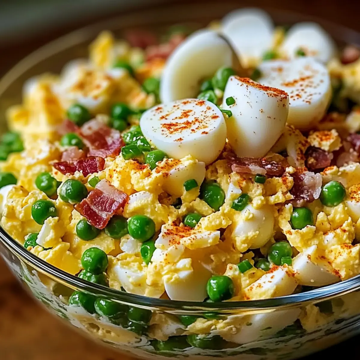 Sałatka jajeczna z groszkiem i boczkiem