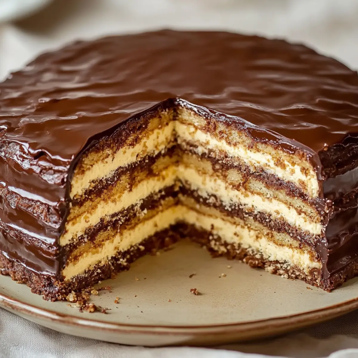 Tort warstwowy z kremem i polewą czekoladową