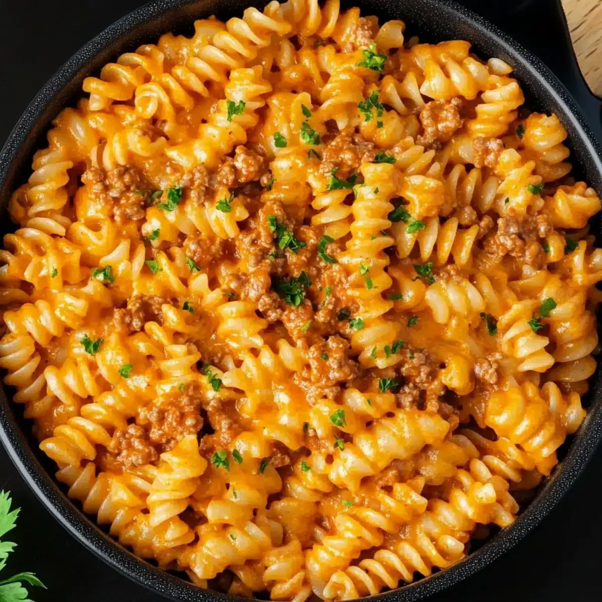 Kremowy makaron z mięsem mielonym i sosem serowym