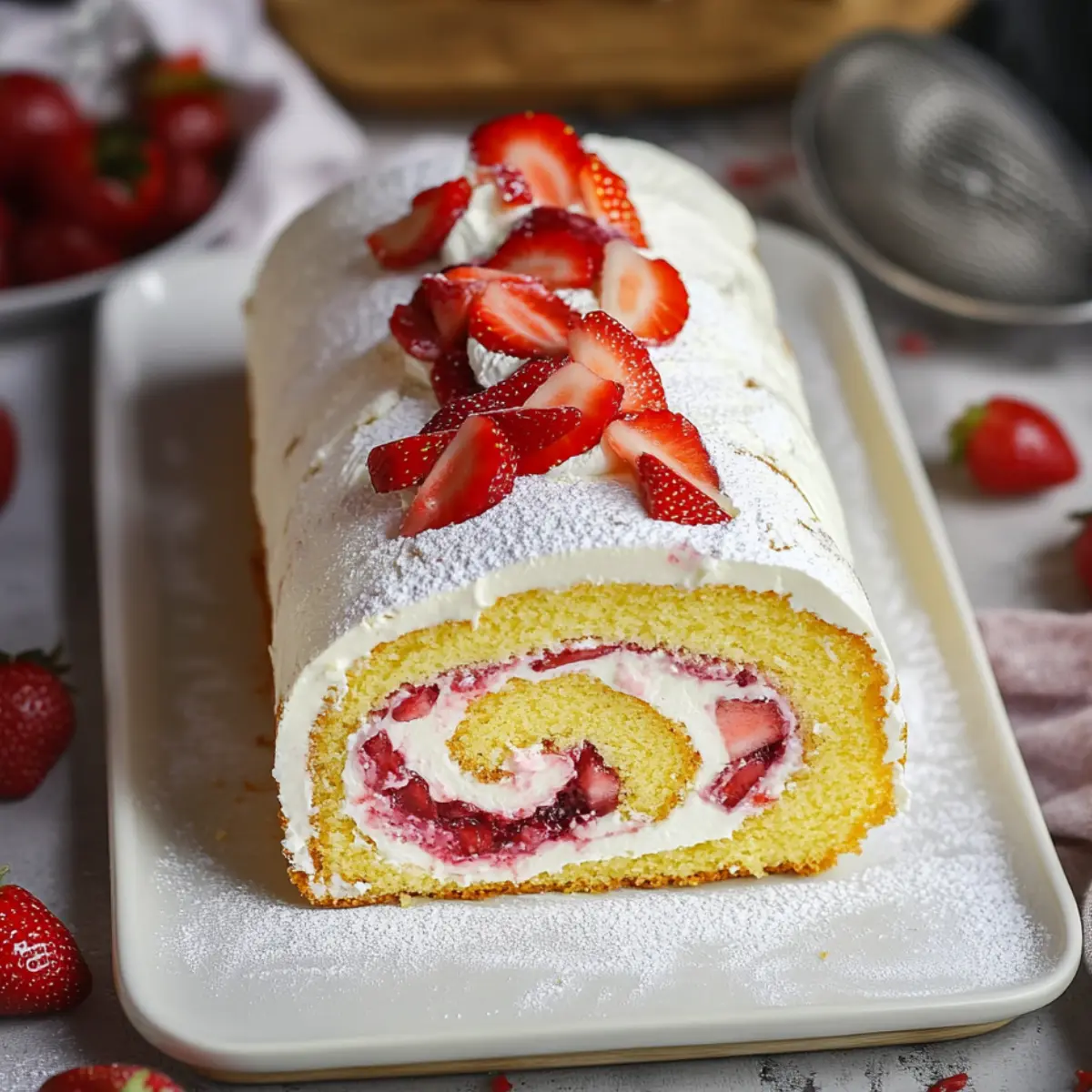 Rolada biszkoptowa z kremem i truskawkami 2 Rolada biszkoptowa z kremem i truskawkami