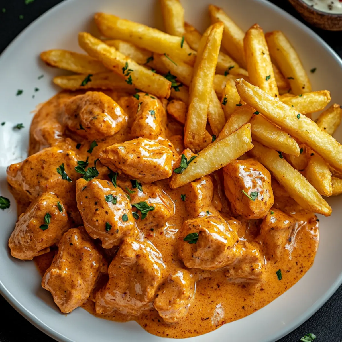 Kurczak w kremowym sosie paprykowym z frytkami i dipem czosnkowym