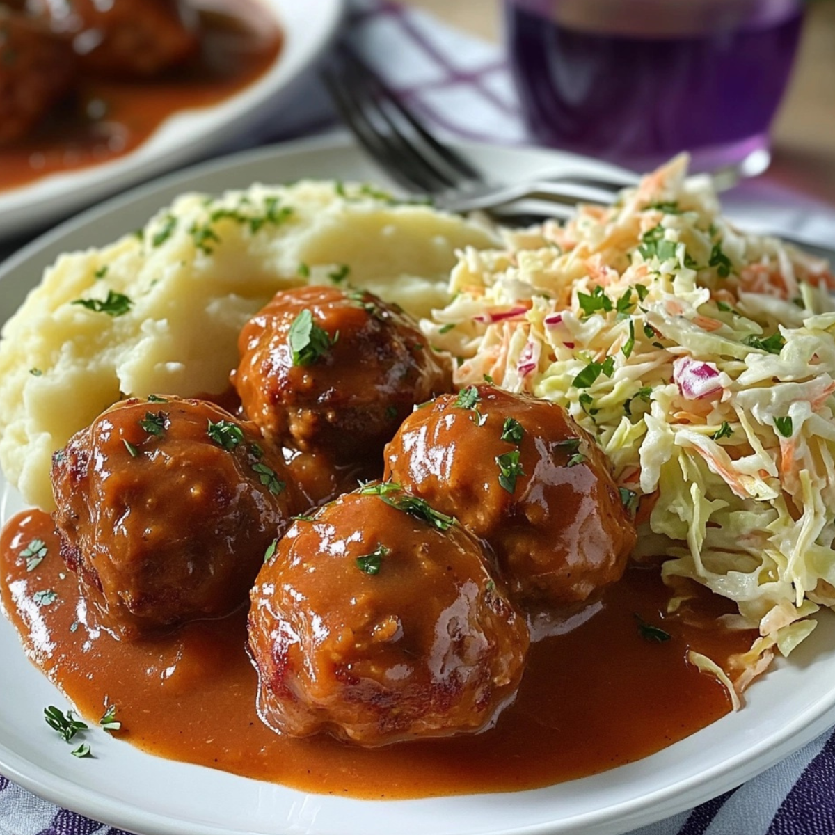 Mielone w sosie pomidorowym z tłuczonymi ziemniakami i surówką