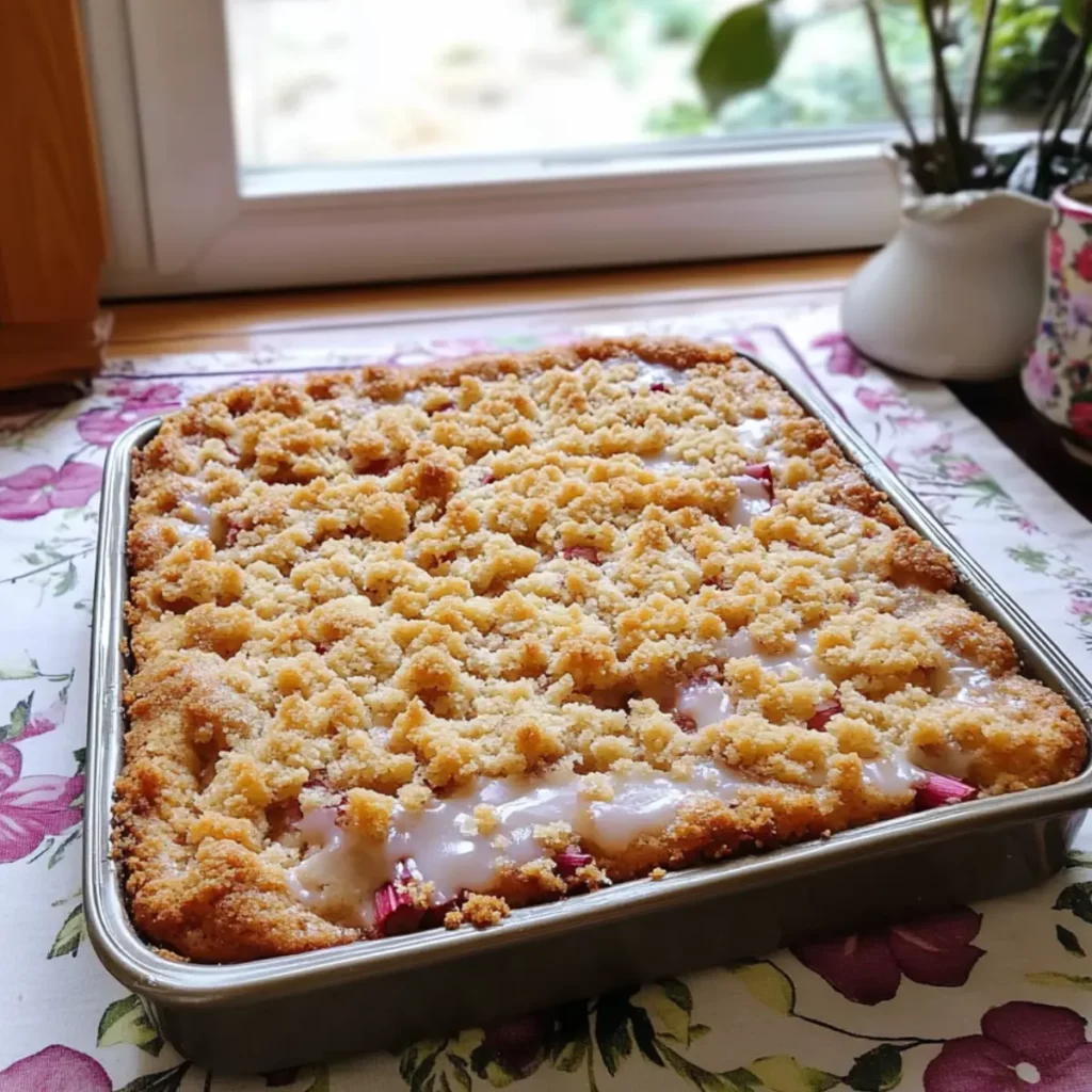 Ciasto na maślance z rabarbarem, kruszonką i lukrem