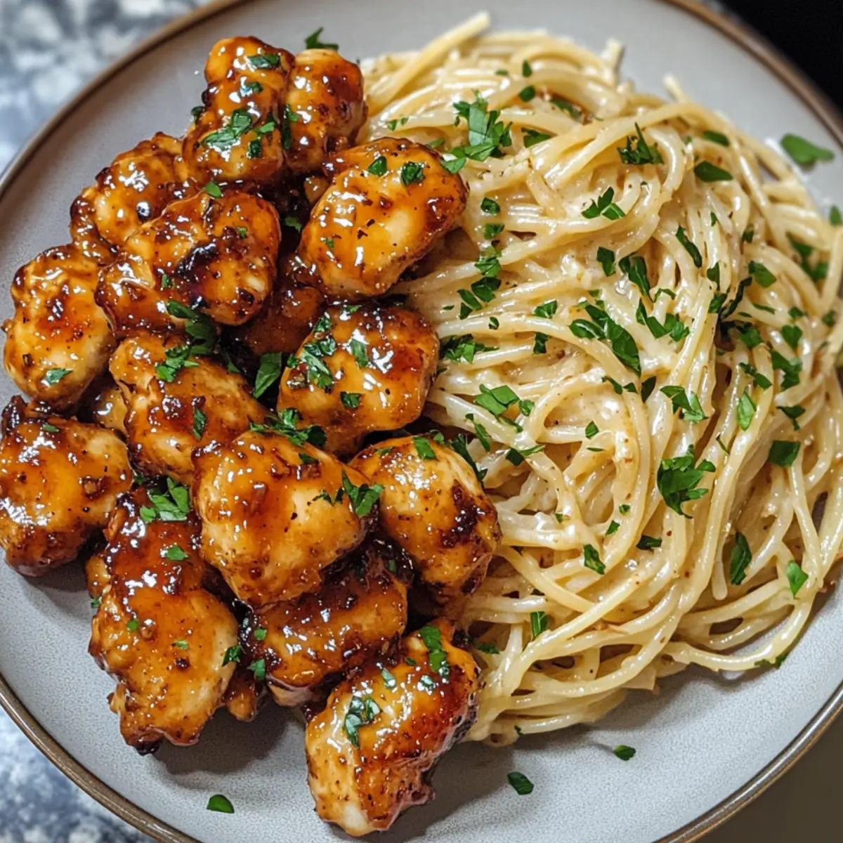 Kurczak w miodowo-czosnkowej glazurze z kremowym spaghetti