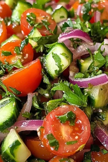 Świeża sałatka z pomidorkami, ogórkiem i czerwoną cebulą