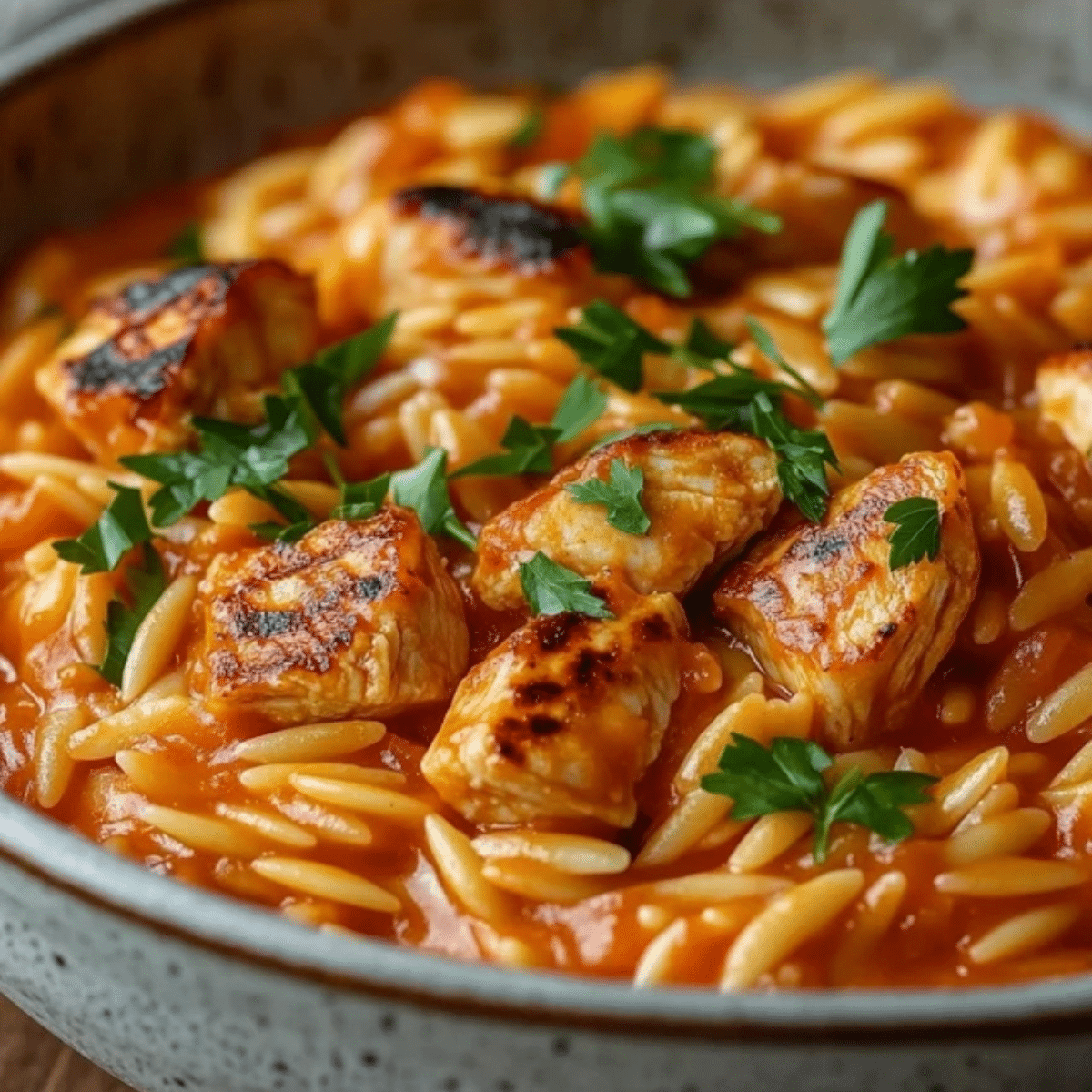 Makaron orzo z kurczakiem w kremowym sosie pomidorowym