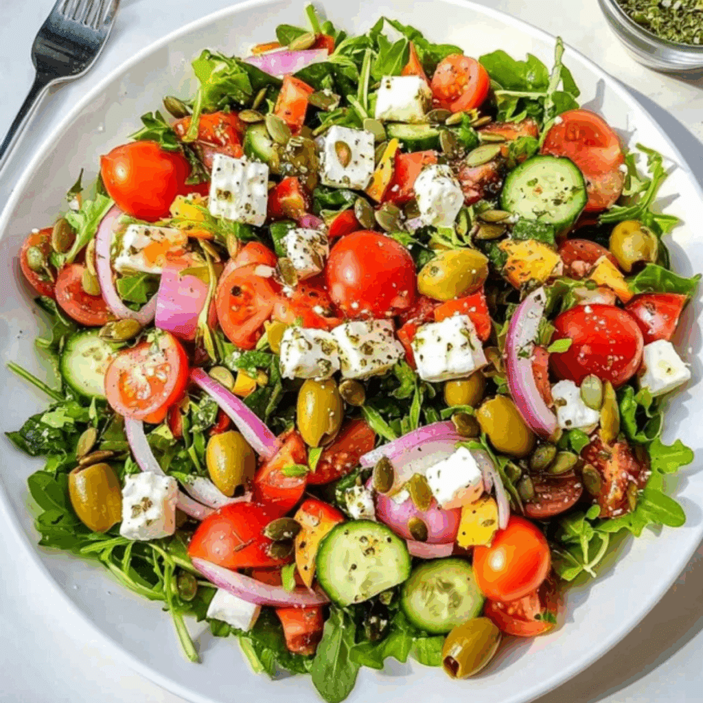 23 sałatki na święta – kolorowe, pyszne i wyjątkowe przepisy na Wigilię i nie tylko 5 Sałatka grecka z rukolą, fetą i oliwkami