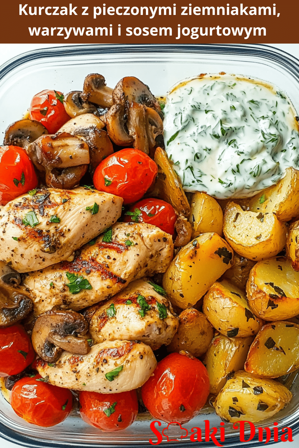 Kurczak z pieczonymi ziemniakami, warzywami i sosem jogurtowym