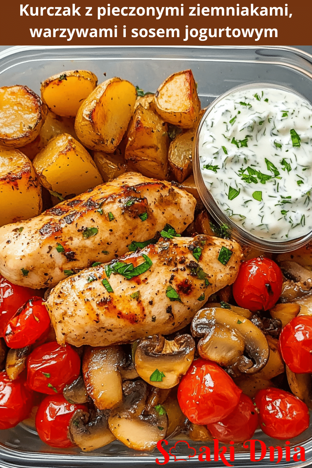 Kurczak z pieczonymi ziemniakami, warzywami i sosem jogurtowym