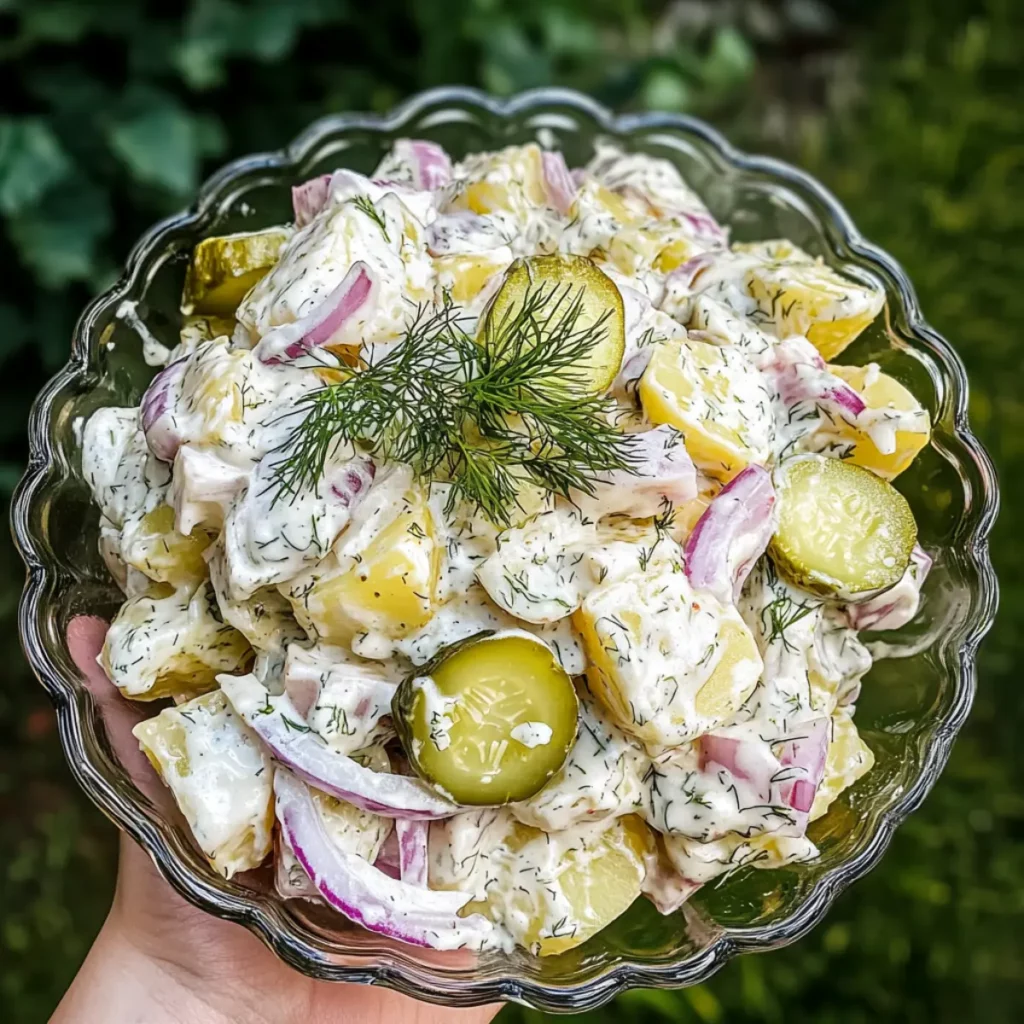 Kremowa sałatka ziemniaczana z ogórkiem kiszonym i cebulą