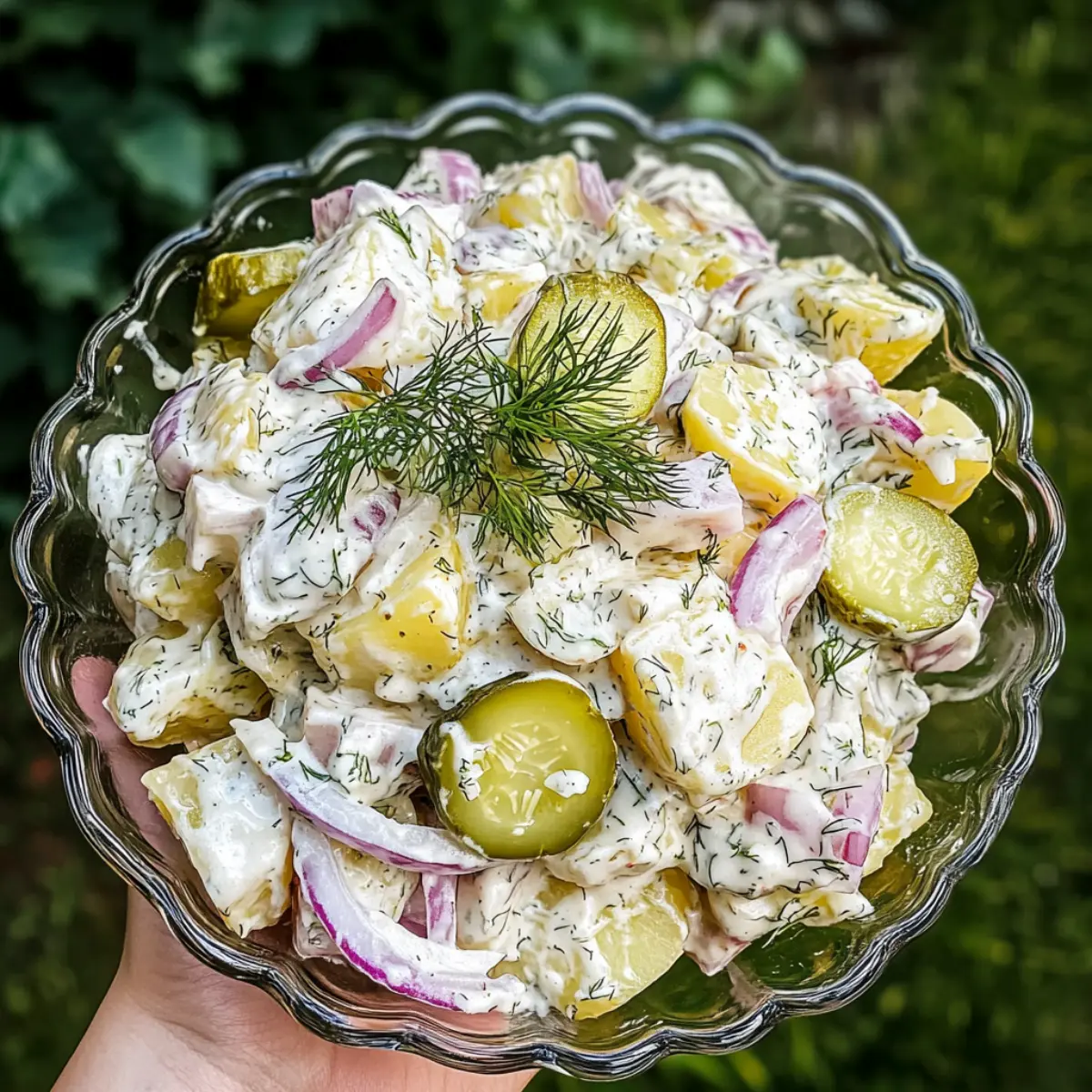 Kremowa sałatka ziemniaczana z ogórkiem kiszonym i cebulą