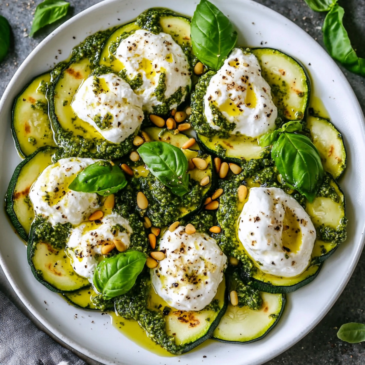 Sałatka z grillowaną cukinią, burratą i pesto