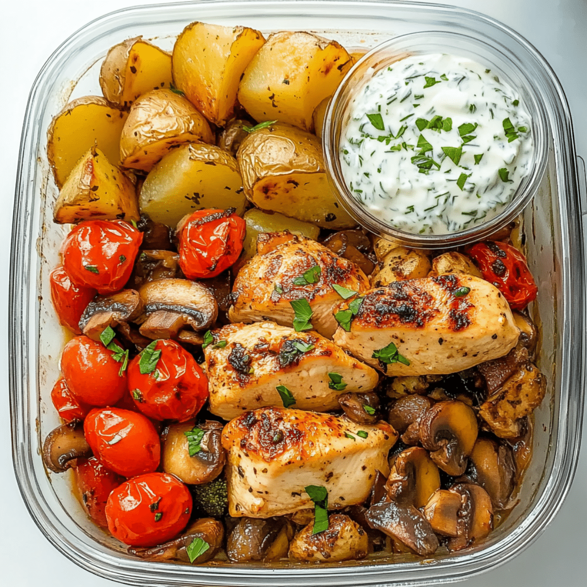 Kurczak z pieczonymi ziemniakami, warzywami i sosem jogurtowym