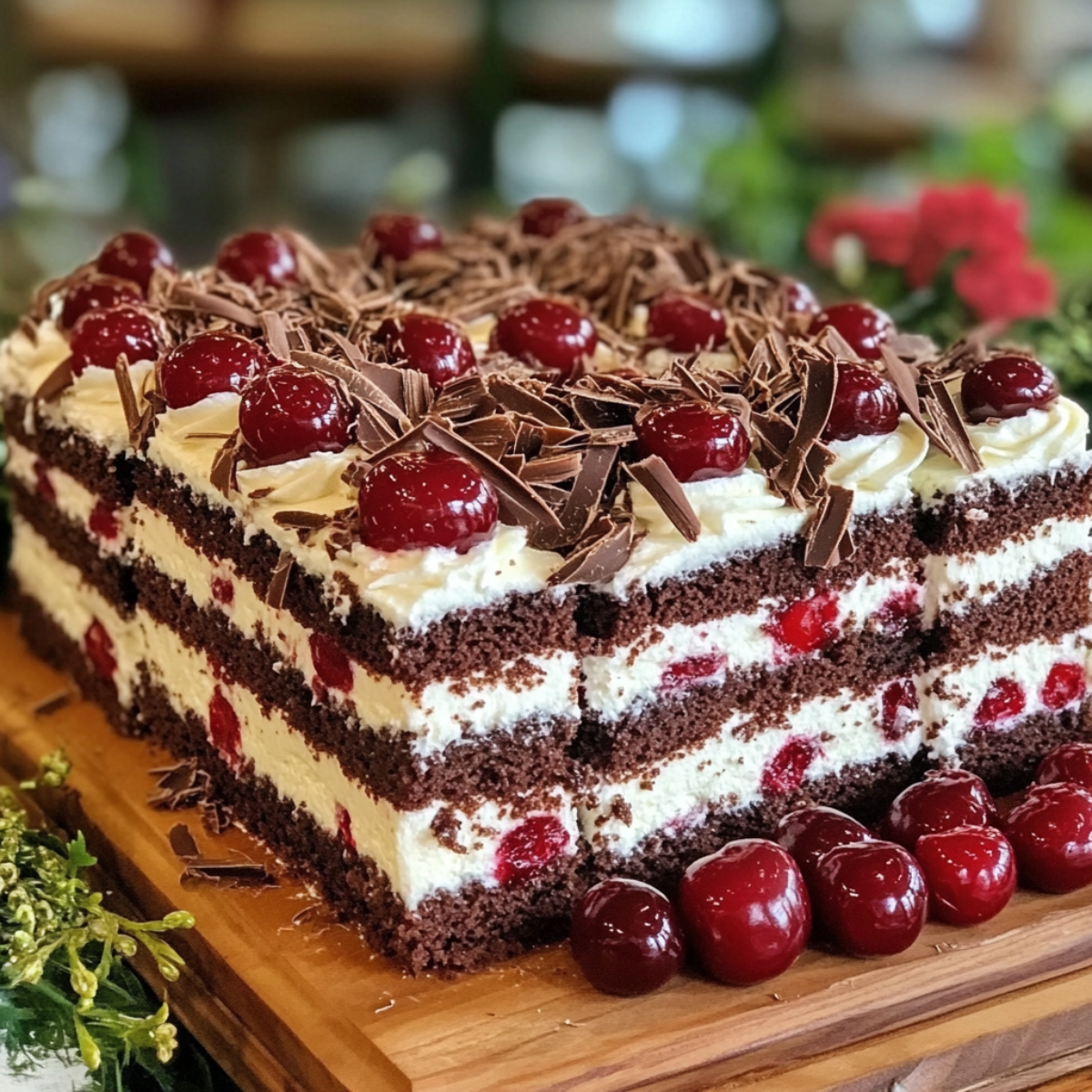 Ciasto czekoladowe z wiśniami i bitą śmietaną