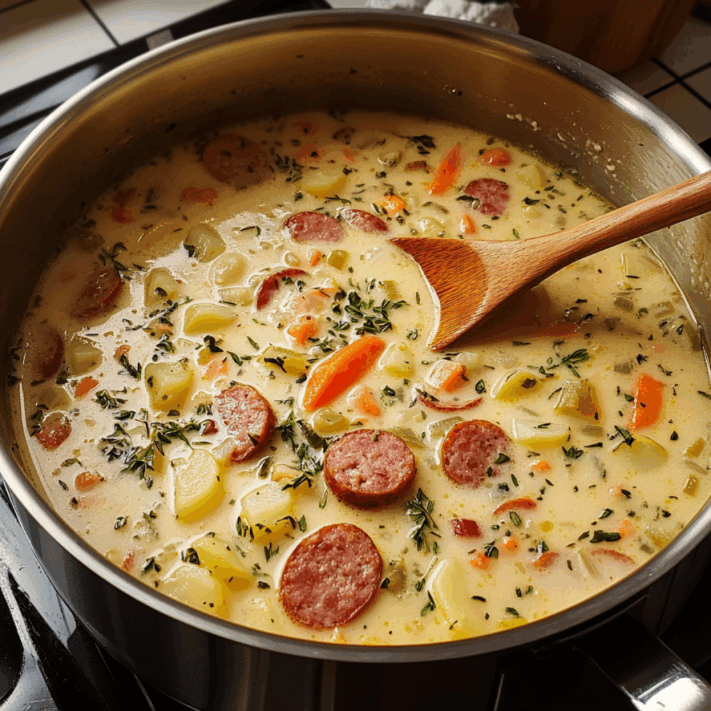 Kremowa zupa z kiełbasą i warzywami