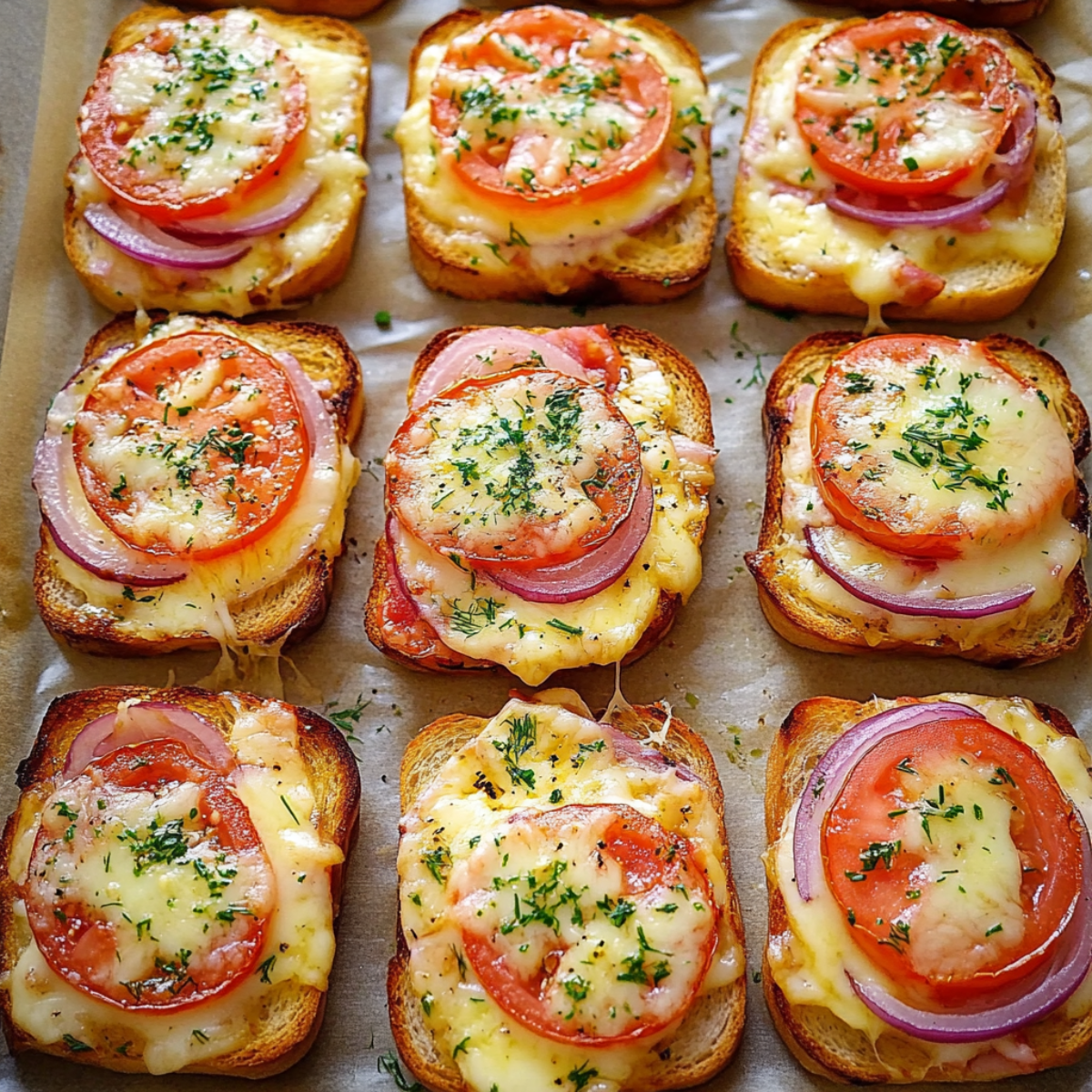 Zapiekanki z chleba z serem, szynką i pomidorem