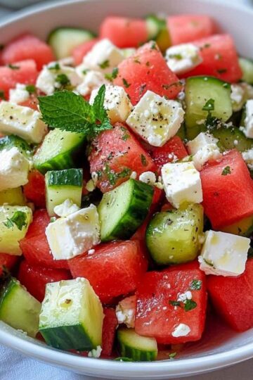 Letnia sałatka z arbuzem, ogórkiem i fetą
