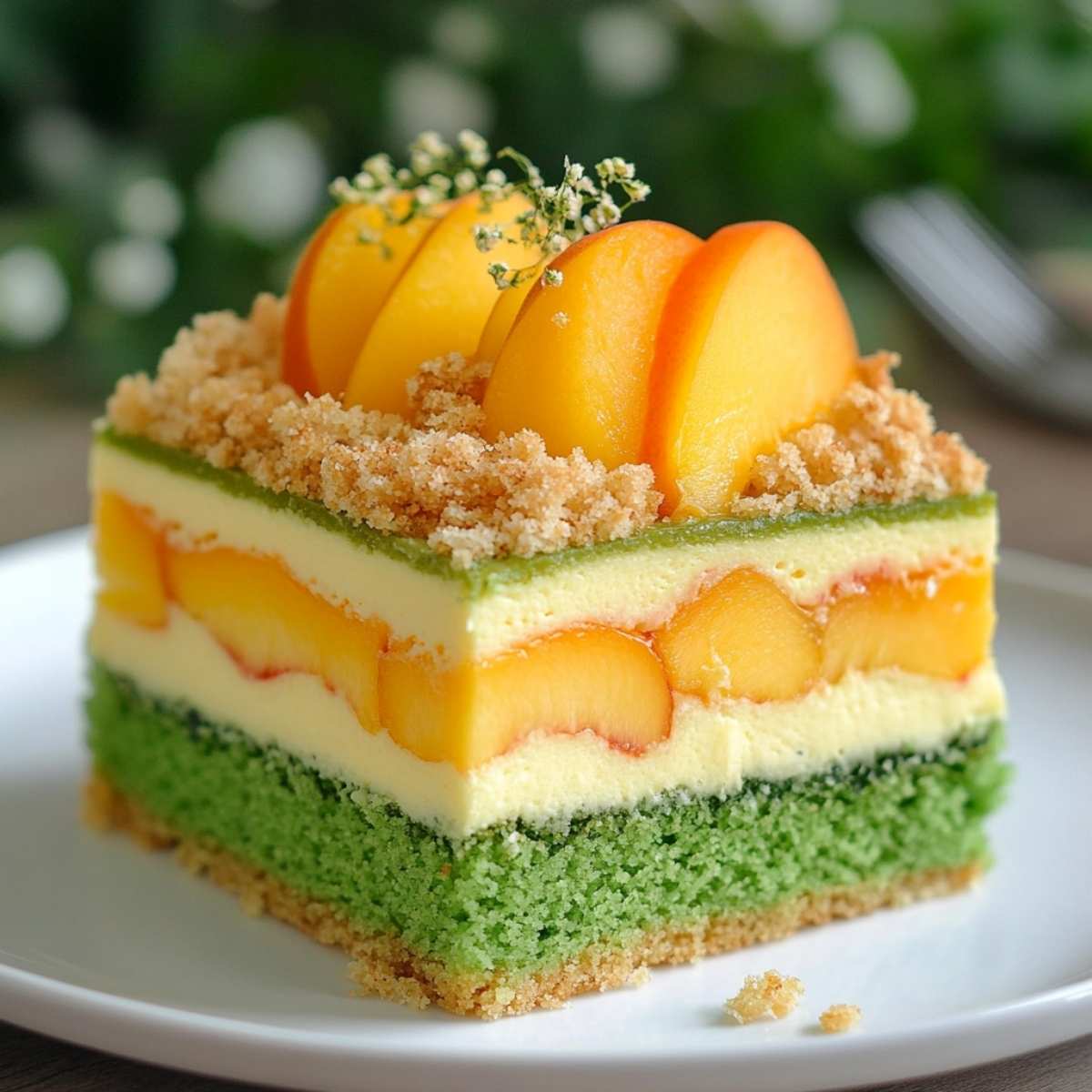 Brzoskwiniowiec na szpinakowym biszkopcie