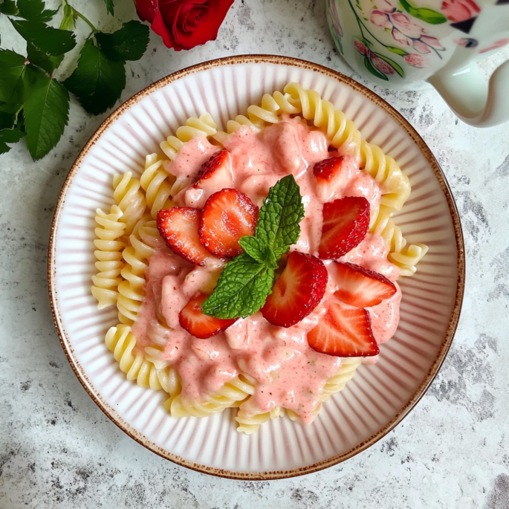 Makaron z truskawkami i śmietaną