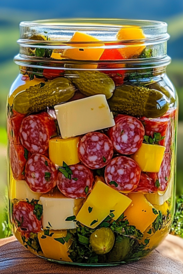 Antipasto w słoiku (z serem, salami i piklami)