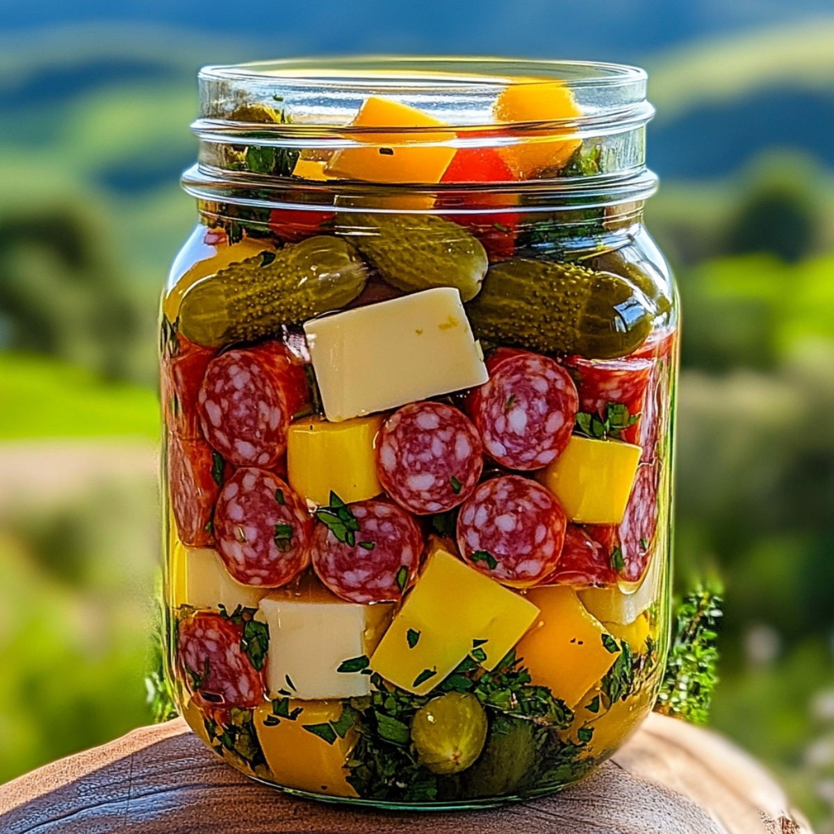 Antipasto w słoiku (z serem, salami i piklami)