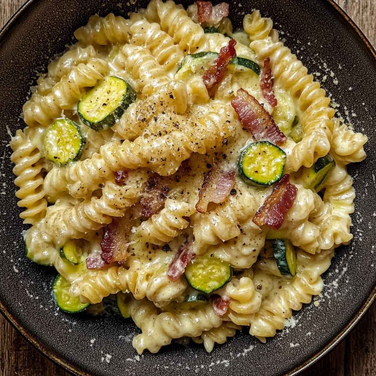 Kremowy makaron z cukinią i boczkiem
