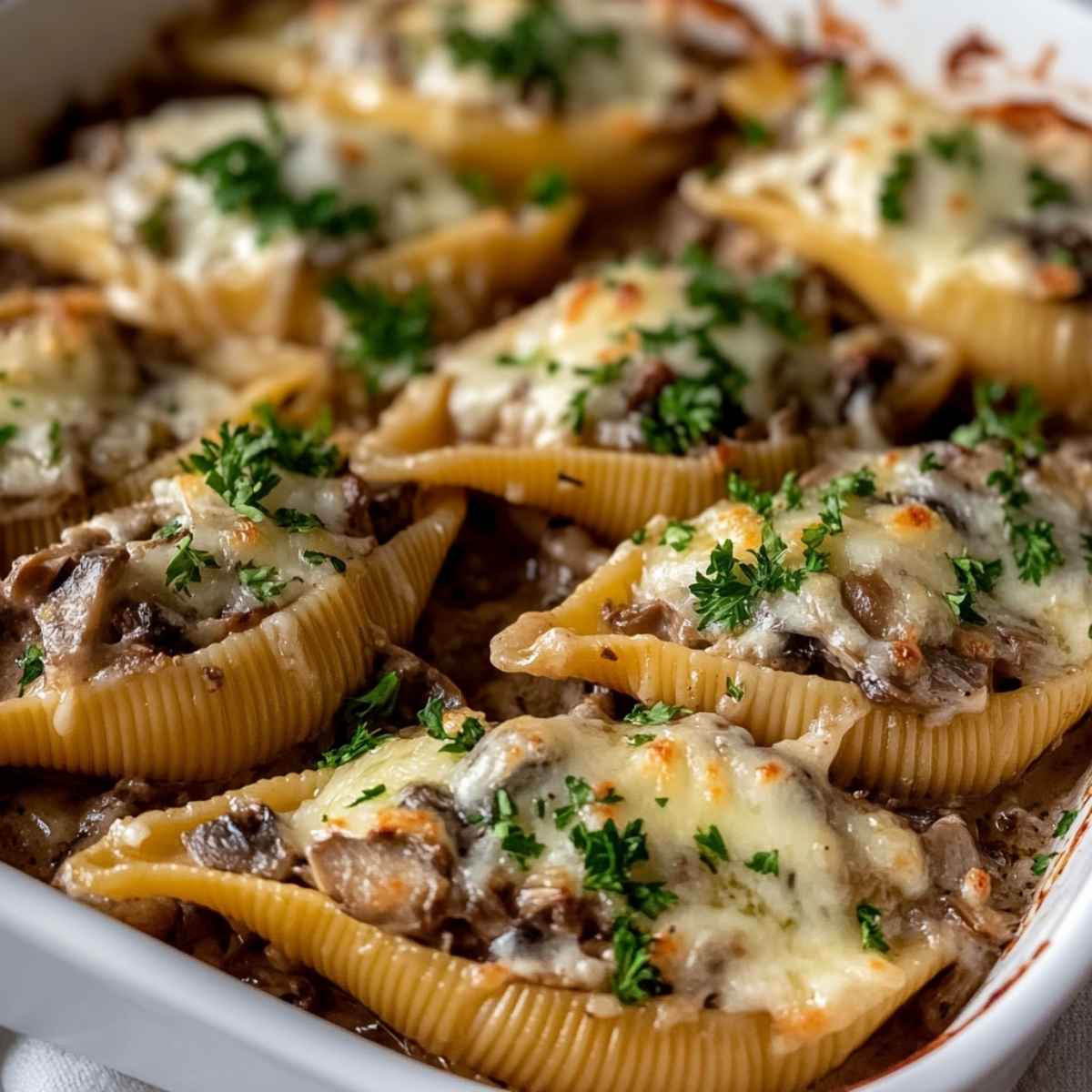 Kremowe muszle nadziewane pieczarkami i czosnkiem