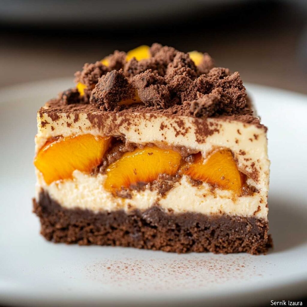 Sernik Izaura z brzoskwiniami i kakaową kruszonką